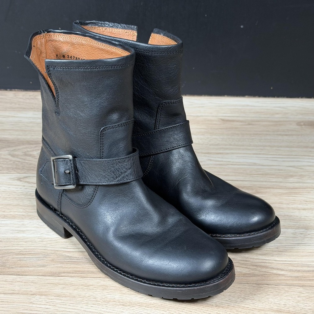 Frye Engineer Boots Womens Size 6 B Black Leather Ankle Buckle Moto Round Toe